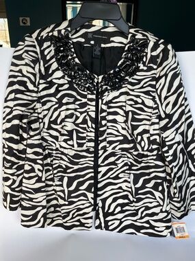 INC International Concepts Black & White Zebra Print Beaded Collar Blazer